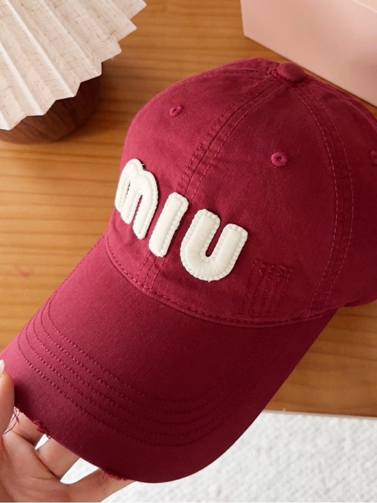 Miu Miu Burgundy Distressed Baseball Cap Raised White Logo